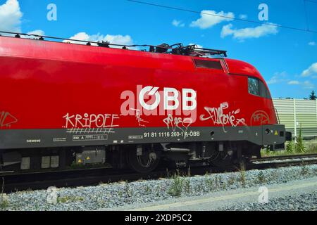 Die staatlichen Österreichischen Bundesbahnen - kurz ÖBB bzw. ÖBB-Konzern, vor 1938 abgekürzt BBÖ - sind der grösste Eisenbahnkonzern in Österreich. Seit der Strukturreform 2004 bestehen die ÖBB aus einer Holding und eigenen Aktiengesellschaften für Infrastruktur, Personenverkehr und Güterverkehr sowie weitere Tochtergesellschaften. Foto: ÖBB E-Lokomotive *** die ÖBB-Gruppe, kurz vor 1938 BBÖ, ist der größte Eisenbahnkonzern Österreichs seit der Strukturreform 2004 besteht die ÖBB aus einer Holding und einer eigenen aktiengesellschaft Stockfoto