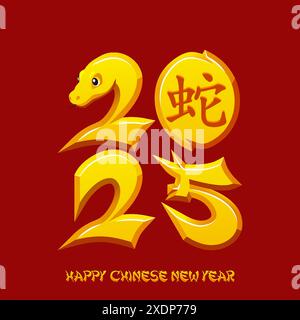 Chinesisches Neujahr 2025 der Schlange. Golden 2025 mit Schlange und Hieroglyphen Stock Vektor