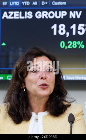 Brüssel, Belgien Juni 2024. Anna Bertona, CEO von Azelis, wurde während der Eröffnungsfeier der Euronext Brussels Stock Exchange in Brüssel vorgestellt und begrüßte die Azelis Group am Montag, den 24. Juni 2024, in den Bel20-Index. BELGA FOTO BENOIT DOPPAGNE Credit: Belga News Agency/Alamy Live News Stockfoto