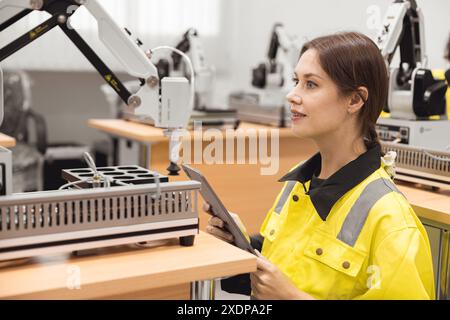 Ingenieurinnen lernen Ausbildung im industriellen Robotik-Programm mit Roboterarm-Simulationsmodell im Techniklabor der Universität. Stockfoto