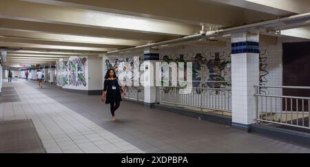 New York City, NY, USA, Leute, Frau, die allein im Flur auf der NYC U-Bahn läuft, in der Station, Public Art Stockfoto