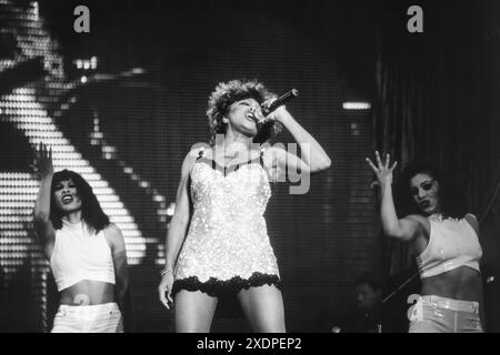 TINA TURNER, CARDIFF, 1996: Tina Turner spielt Cardiff Arms Park auf ihrer wildesten Dream World Tour am 14. Juli 1996 in Cardiff, Wales. Foto: Rob Watkins. INFO: Tina Turner (1939–2023) war eine ikonische amerikanische Sängerin und Schauspielerin, die für ihre kraftvolle Stimme und ihre elektrisierenden Auftritte bekannt war. Berühmt wurde sie in den 1960er Jahren mit Ike Turner und Hits wie River Deep – Mountain High. Sie genoss in den 1980er und 1990er Jahren eine bemerkenswerte späte Solokarriere mit Klassikern wie What's Love Got to Do with IT. Stockfoto