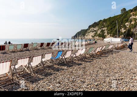 Bier, Devon, Großbritannien, England, devon, Bier, Liegestühle, Bier-Liegestühle, bunt, Kreidefelsen, Kieselsteine, Bier-Strand, Beer Beach UK, Devon Beaches, Strände Stockfoto