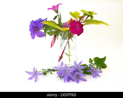 Farbenfrohe Sommerblumen in einem Vintage-Glas auf weißem Hintergrund. Stockfoto