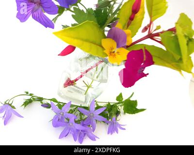 Farbenfrohe Sommerblumen in einem Vintage-Glas auf weißem Hintergrund. Stockfoto