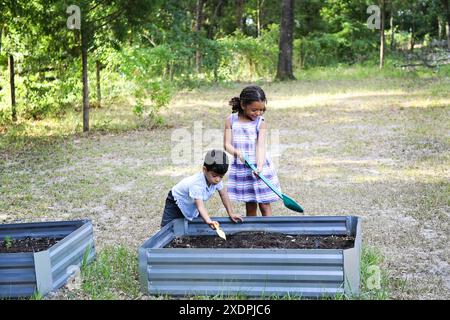 Zwei Kinder graben im Hochgartenbett im Freien. Stockfoto