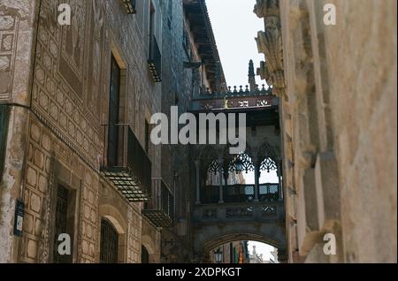 Gotische architektonische Brücke zwischen historischen Gebäuden in Barcelona Stockfoto