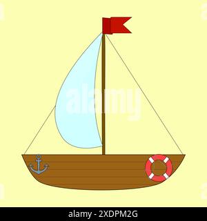 Vektorillustration eines Segelbootes mit roter Flagge, Anker und Rettungsring. Perfekt für nautische, maritime und sommerliche Themen. Stock Vektor