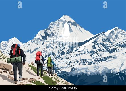 Mount Dhaulagiri Gipfel, wie in der Nähe des Thorung La Pass und drei Wanderer, Mount Annapurna Circuit Trekking Trail, Vektor Illustration, Nepal Himalaya Moun Stock Vektor