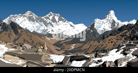 Mount Lhotse und Nuptse, Südfelswände, Gipfel des Mount Everest und des Ama Dablam Peak, Vektordarstellung, Khumbu-Tal, Everest und Nepal himalaya Moun Stock Vektor