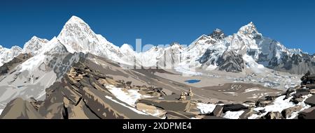 Mount Everest, Pumori Peak und Mt Nuptse von Nepal Seite aus gesehen vom Kala Patthar Peak, Vektorillustration, Khumbu Tal und Gletscher, Sagarmatha n Stock Vektor