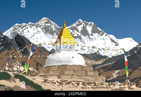 Stupa mit Gebetsfahnen und Mount Everest und Lhotse Peak, Weg zum Mount Everest Basislager, Nepal Himalaya Berge, Vektorillustration Stock Vektor