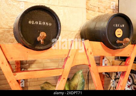 Cadiz, Spanien - 23. Oktober 2023: Holzfässer mit Wein in einem spanischen Restaurant Stockfoto