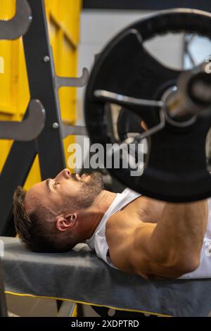 Muskulöse Manntrainingskiste mit der Langhantel auf einer Bank im Fitnessstudio. Stockfoto