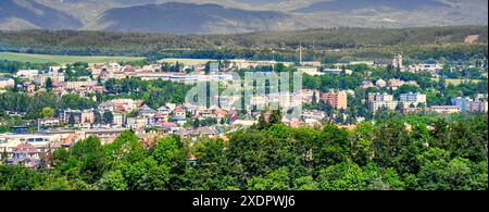 Panoramablick auf die Stadt karlsbad, tschechische republik, umgeben von üppig grünen Wäldern und Bergen im Hintergrund Stockfoto