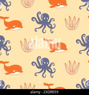 Nahtloses Muster für Wale und Oktopus Doodles Stock Vektor