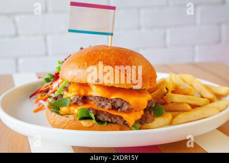 Gemahlenes Rindfleisch mit doppeltem Patty Brioche. In Burger serviert mit Pommes frites und leerem Etikett. Stockfoto