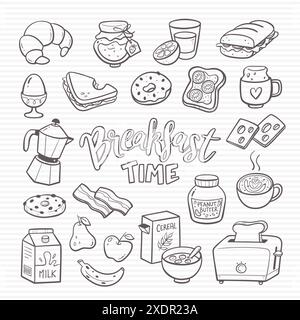 Das Frühstück war unentbehrlich. Handgezeichnete, isolierte Ikonen mit Kritzeleien, perfekt für die Gestaltung von Restaurantmenüs. Brot, Gebäck, Kaffee, Obst, Müsli und Cornflakes, Marmelade, Erdnuss Stock Vektor