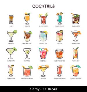 Farbenfrohe Cocktailsymbole. 20 verschiedene Cocktails: margarita, manhattan, Daiquiri... Perfekt für die Gestaltung von Getränkemenüs. Handgezeichnetes farbenfrohes Gemüse Stock Vektor