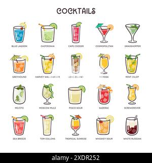 Farbenfrohe Cocktailsymbole. 20 verschiedene Cocktails: caipirinha, Cosmopolitan, Mojito... Perfekt für die Gestaltung von Getränkemenüs. Handgezeichnetes farbenfrohes V Stock Vektor