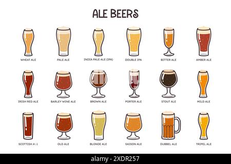 Bier-Symbol-Set. 18 verschiedene Biersorten, serviert in verschiedenen Biergläsern. Perfekt für die Gestaltung von Getränkemenüs. Handgezeichneter farbenfroher Vektor Stock Vektor