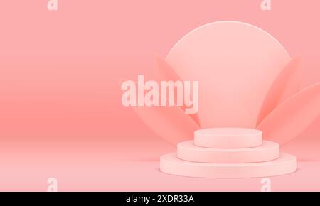 Pinkfarbener 3D Podiumsockel mit eleganten Blättern für realistische Vektorillustration. Feminine Zylinderanzeige in Pastellfarben mit kreisförmiger Wand Stock Vektor