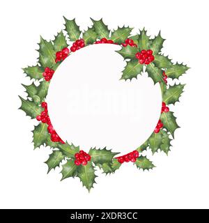 Weihnachtlicher runder Rahmen mit roten stechpalmenbeeren mit grünen Blättern. Illustrationsaquarell, Marker. Handgezeichneter isolierter Kranz. Einrichtung für das neue Jahr Stockfoto