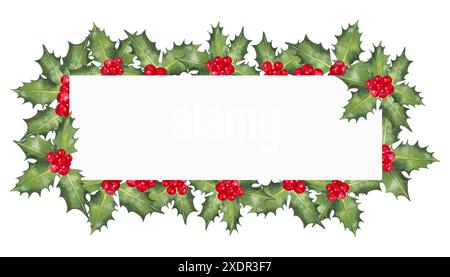 Weihnachtlicher horizontaler Rahmen aus roten stechpalmenbeeren mit Blättern. Abbildung: Aquarellhintergrund mit Textstelle. Handgezeichneter isolierter Hintergrund Stockfoto
