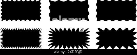 Satz rechteckiger Rahmen mit Zickzackrand. Ungleichmäßige rechteckige Zickzack-Formen. Gezacktes Rechteck. Isolierte Elemente für die Gestaltung von Textfeld, Abzeichen, b Stock Vektor