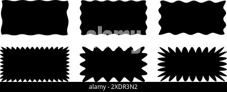 Satz rechteckiger Rahmen mit Zickzackrand. Ungleichmäßige rechteckige Zickzack-Formen. Gezacktes Rechteck. Isolierte Elemente für die Gestaltung von Textfeld, Abzeichen, b Stock Vektor