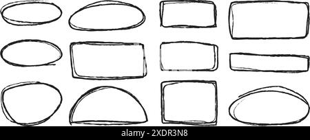 Satz handgezeichneter Grunge-Kreis- und quadratischer Markierungen. Markierer Scratch Scribble Inrounder. Kritzeleien für Kunstwerke in verschiedenen Formen. Vektorabbildung Stock Vektor