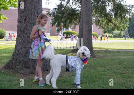 Ein weißer Standard Poodle kleidet sich für die Red Hook Pride Parade 2024 im Dutchess County, New York. Stockfoto