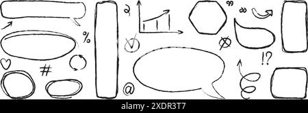 Satz handgezeichneter Grunge-Kreis- und quadratischer Markierungen. Markierer Scratch Scribble Inrounder. Kritzeleien für Kunstwerke in verschiedenen Formen. Vektorabbildung Stock Vektor