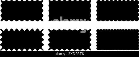 Satz rechteckiger Rahmen mit Zickzackrand. Ungleichmäßige rechteckige Zickzack-Formen. Gezacktes Rechteck. Isolierte Elemente für die Gestaltung von Textfeld, Abzeichen, b Stock Vektor