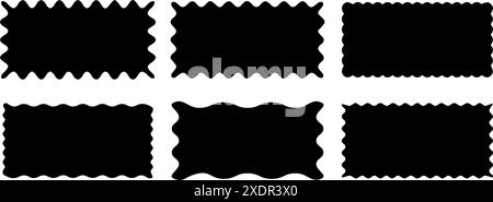 Satz rechteckiger Rahmen mit Zickzackrand. Ungleichmäßige rechteckige Zickzack-Formen. Gezacktes Rechteck. Isolierte Elemente für die Gestaltung von Textfeld, Abzeichen, b Stock Vektor