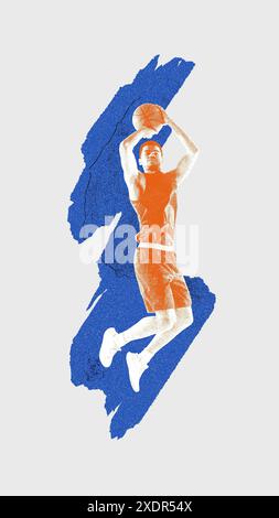 Zeitgenössische Kunstcollage. Bild in voller Länge von einem jungen Wettkämpfer, Basketballspieler in Bewegung, der mit Ball springt Stockfoto