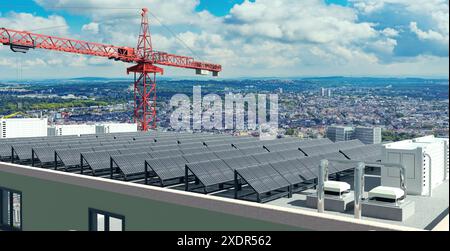 Installation von Solarpaneelen mit Batteriespeicher auf dem Dach eines Hochhauses, Abbildung 3D Stockfoto