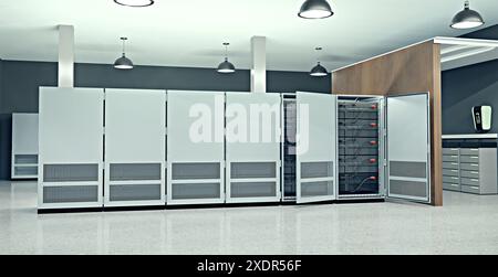 Ein moderner Batteriespeicher für kleine Unternehmen, Abbildung 3D Stockfoto