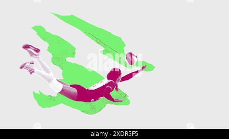 Eine wettbewerbsfähige junge Frau, ein Volleyballspieler in Bewegung, der Ball schlägt und herunterfällt. Silhouette, weißer Hintergrund mit grünen Elementen. Modern Stockfoto