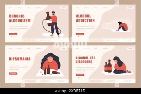 Alkoholismus-Konzept. Set von Landingpage-Vorlage. Depressive Charaktere mit Alkoholsucht. Menschen mit Drogenmissbrauch. Vektorabbildung in Stock Vektor