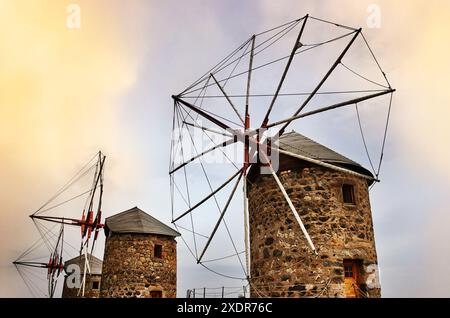 Windmühlen von Patmos, Chora, Patmos, Dodekanes, griechische Inseln, Griechenland, Europa Stockfoto