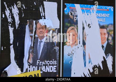 Corrèze, Frankreich. 23. Und 24. Juni 2024. Francois Hollande kandidierte für die Parlamentswahlen vom 30. Juni und 7. Juli 2024 in Corrèze. Wahlplakat des ehemaligen Präsidenten der Französischen Republik, Francois Hollande, Kandidat für den 1. Wahlkreis des Departements Corrèze. Er ist Mitglied der Wahlkoalition New Popular Front. Frühe Parlamentswahlen nach der Auflösung der Nationalversammlung am 9. Juni 2024 durch Emmanuel Macron. Corrèze, Limousin, Frankreich, Europa. Foto: HM Images/Alamy Live News. Stockfoto