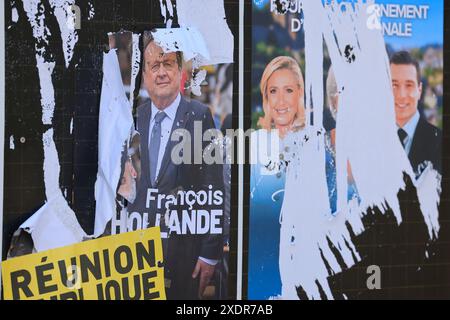 Corrèze, Frankreich. 23. Und 24. Juni 2024. Francois Hollande kandidierte für die Parlamentswahlen vom 30. Juni und 7. Juli 2024 in Corrèze. Wahlplakat des ehemaligen Präsidenten der Französischen Republik, Francois Hollande, Kandidat für den 1. Wahlkreis des Departements Corrèze. Er ist Mitglied der Wahlkoalition New Popular Front. Frühe Parlamentswahlen nach der Auflösung der Nationalversammlung am 9. Juni 2024 durch Emmanuel Macron. Corrèze, Limousin, Frankreich, Europa. Foto: HM Images/Alamy Live News. Stockfoto