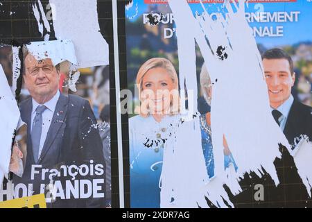 Corrèze, Frankreich. 23. Und 24. Juni 2024. Francois Hollande kandidierte für die Parlamentswahlen vom 30. Juni und 7. Juli 2024 in Corrèze. Wahlplakat des ehemaligen Präsidenten der Französischen Republik, Francois Hollande, Kandidat für den 1. Wahlkreis des Departements Corrèze. Er ist Mitglied der Wahlkoalition New Popular Front. Frühe Parlamentswahlen nach der Auflösung der Nationalversammlung am 9. Juni 2024 durch Emmanuel Macron. Corrèze, Limousin, Frankreich, Europa. Foto: HM Images/Alamy Live News. Stockfoto