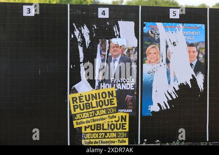 Corrèze, Frankreich. 23. Und 24. Juni 2024. Francois Hollande kandidierte für die Parlamentswahlen vom 30. Juni und 7. Juli 2024 in Corrèze. Wahlplakat des ehemaligen Präsidenten der Französischen Republik, Francois Hollande, Kandidat für den 1. Wahlkreis des Departements Corrèze. Er ist Mitglied der Wahlkoalition New Popular Front. Frühe Parlamentswahlen nach der Auflösung der Nationalversammlung am 9. Juni 2024 durch Emmanuel Macron. Corrèze, Limousin, Frankreich, Europa. Foto: HM Images/Alamy Live News. Stockfoto