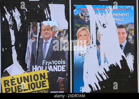 Corrèze, Frankreich. 23. Und 24. Juni 2024. Francois Hollande kandidierte für die Parlamentswahlen vom 30. Juni und 7. Juli 2024 in Corrèze. Wahlplakat des ehemaligen Präsidenten der Französischen Republik, Francois Hollande, Kandidat für den 1. Wahlkreis des Departements Corrèze. Er ist Mitglied der Wahlkoalition New Popular Front. Frühe Parlamentswahlen nach der Auflösung der Nationalversammlung am 9. Juni 2024 durch Emmanuel Macron. Corrèze, Limousin, Frankreich, Europa. Foto: HM Images/Alamy Live News. Stockfoto