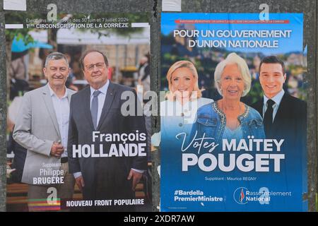 Corrèze, Frankreich. 23. Und 24. Juni 2024. Francois Hollande kandidierte für die Parlamentswahlen vom 30. Juni und 7. Juli 2024 in Corrèze. Wahlplakat des ehemaligen Präsidenten der Französischen Republik, Francois Hollande, Kandidat für den 1. Wahlkreis des Departements Corrèze. Er ist Mitglied der Wahlkoalition New Popular Front. Frühe Parlamentswahlen nach der Auflösung der Nationalversammlung am 9. Juni 2024 durch Emmanuel Macron. Corrèze, Limousin, Frankreich, Europa. Foto: HM Images/Alamy Live News. Stockfoto