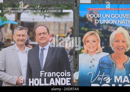 Corrèze, Frankreich. 23. Und 24. Juni 2024. Francois Hollande kandidierte für die Parlamentswahlen vom 30. Juni und 7. Juli 2024 in Corrèze. Wahlplakat des ehemaligen Präsidenten der Französischen Republik, Francois Hollande, Kandidat für den 1. Wahlkreis des Departements Corrèze. Er ist Mitglied der Wahlkoalition New Popular Front. Frühe Parlamentswahlen nach der Auflösung der Nationalversammlung am 9. Juni 2024 durch Emmanuel Macron. Corrèze, Limousin, Frankreich, Europa. Foto: HM Images/Alamy Live News. Stockfoto