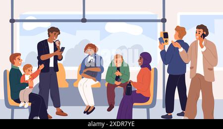 Leute, die im Bus fahren. Fahrgäste im öffentlichen Nahverkehr. Innenraum der Stadtbahn. Männer, die Handläufe halten. Frauen und Kinder sitzen hier Stock Vektor
