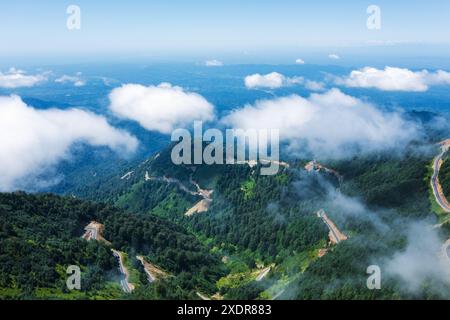 Blick aus der Vogelperspektive auf GomisMta, Georgia, malerische Bergstraße, die sich durch üppiges Grün und Wolken schlängelt. Atemberaubende natürliche Schönheit mit Nebel und einer ruhigen Landschaft, perfekt für Reise- und Naturliebhaber. Stockfoto